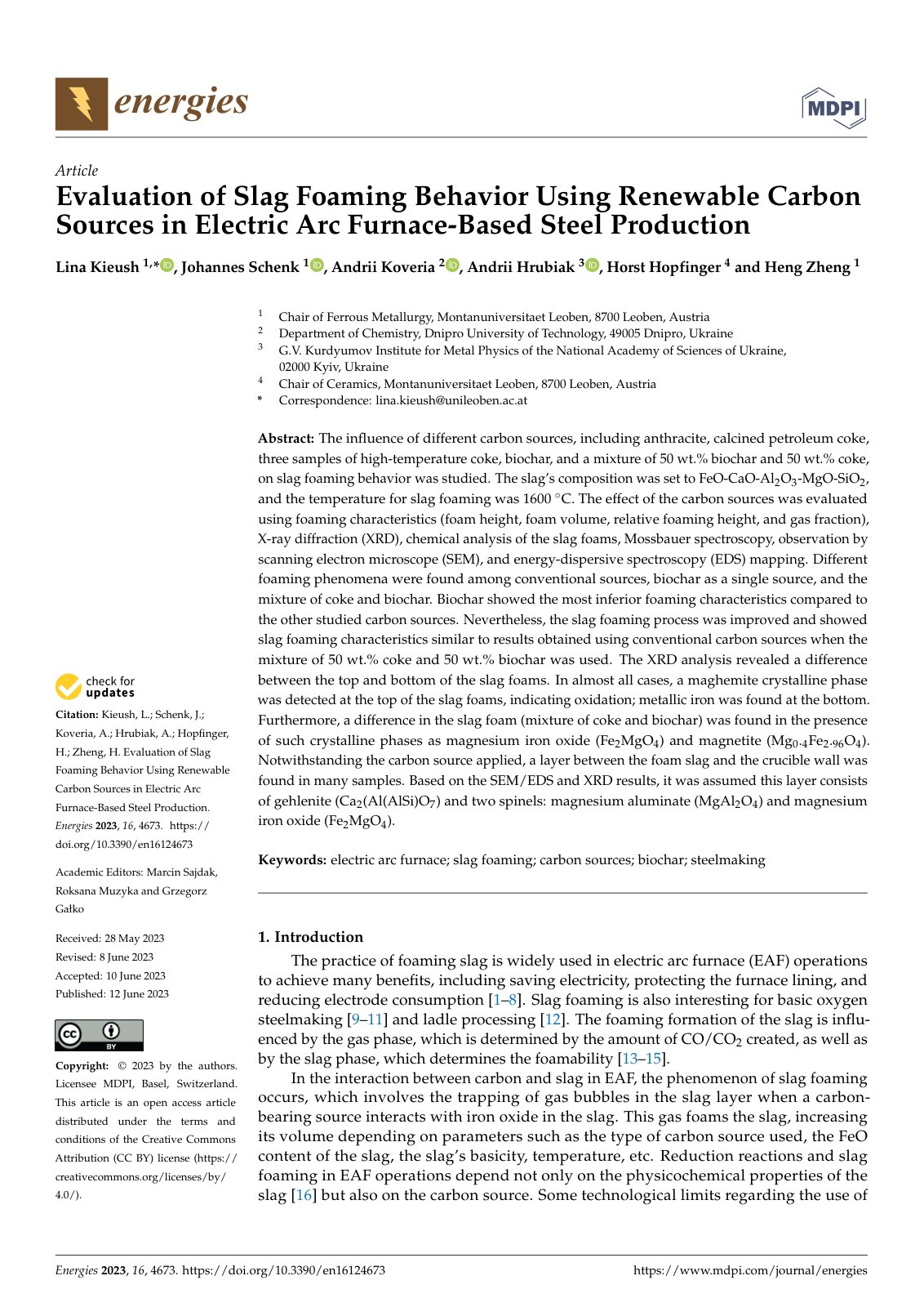 First page of Evaluation of Slag Foaming Behavior Using Renewable Carbon Sources in Electric Arc Furnace-Based Steel Production