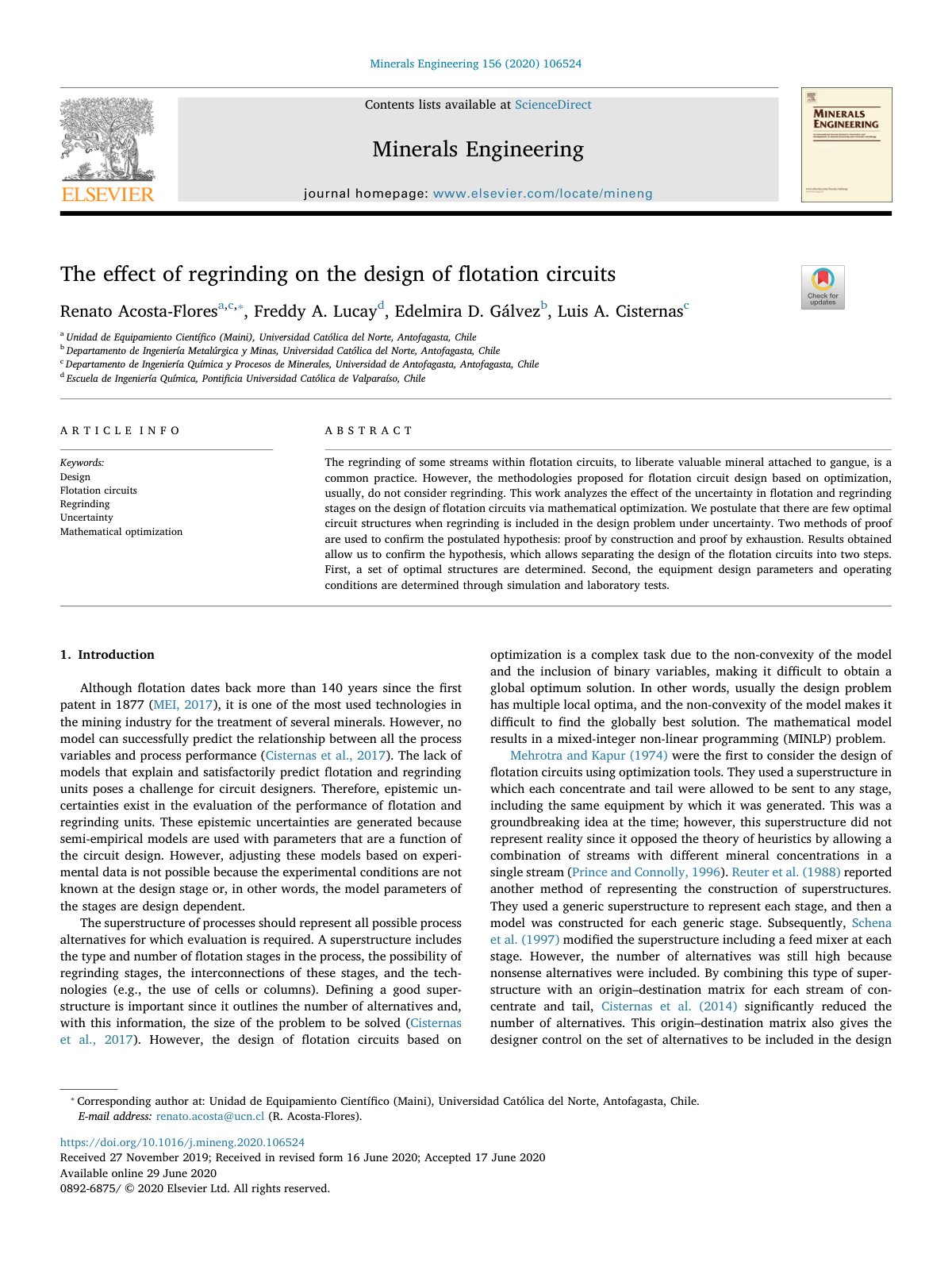 First page of The effect of regrinding on the design of flotation c 2020 Minerals Engineer