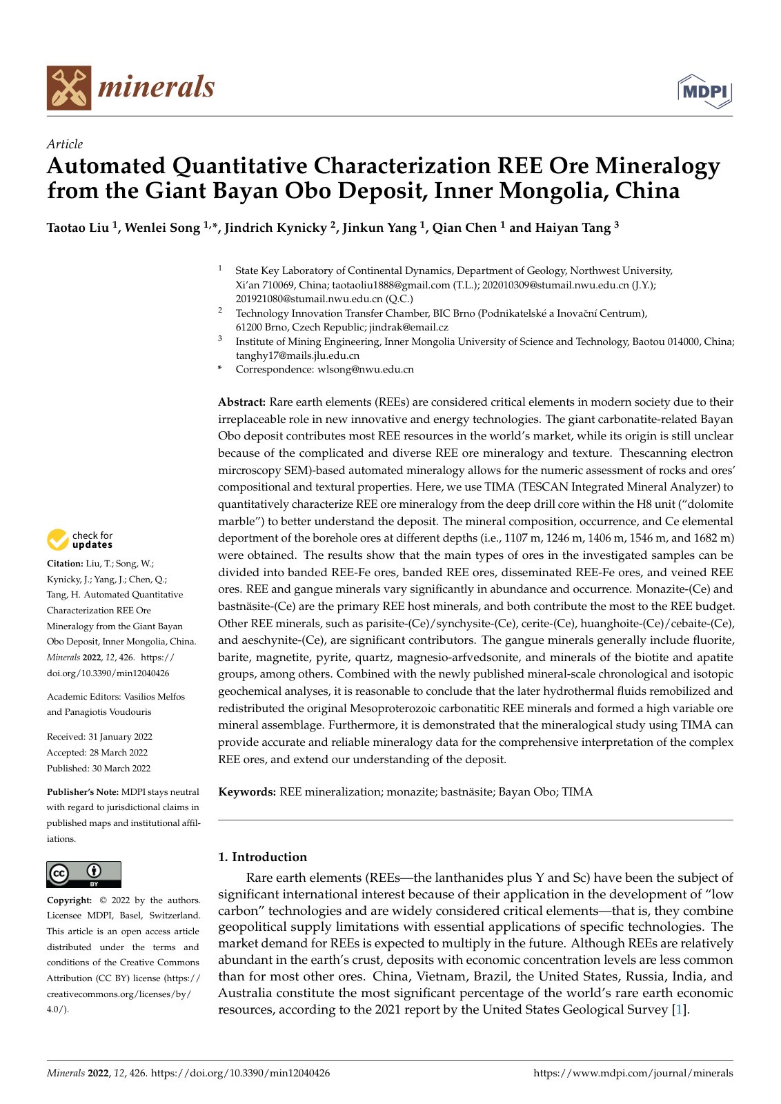 First page of Automated Quantitative Characterization REE Ore Mineralogy from the Giant Bayan Obo Deposit, Inner Mongolia, China