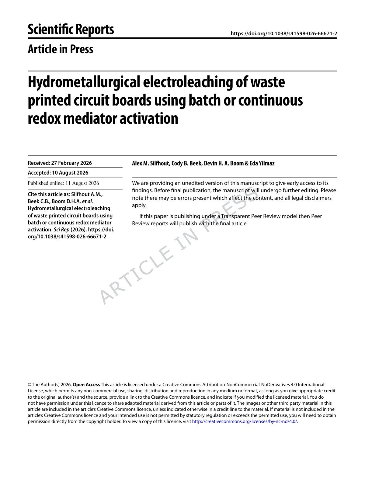 First page of Hydrometallurgical electroleaching of waste printed circuit boards using batch or continuous redox mediator activation