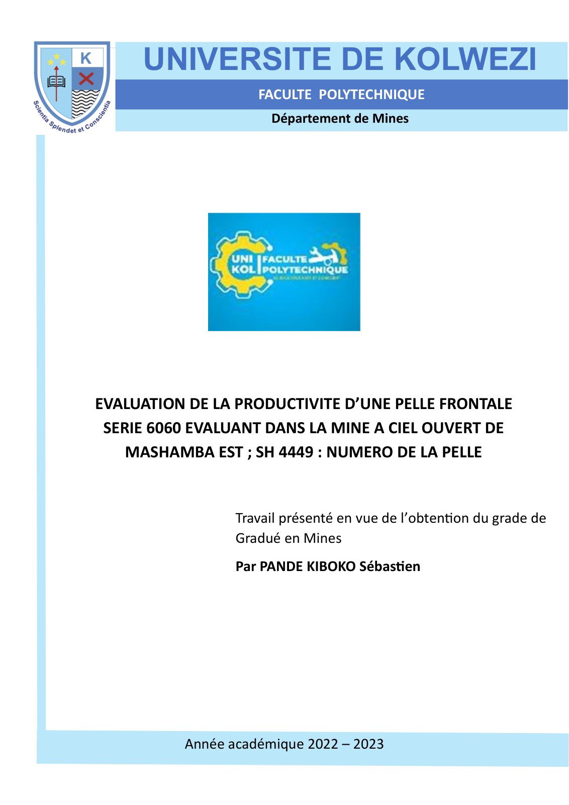 First page of EVALUATION DE LA PRODUCTIVITE D’UNE PELLE FRONTALE SERIE 6060 EVALUANT DANS LA MINE A CIEL OUVERT DE MASHAMBA EST ; SH 4449 : NUMERO DE LA PELLE