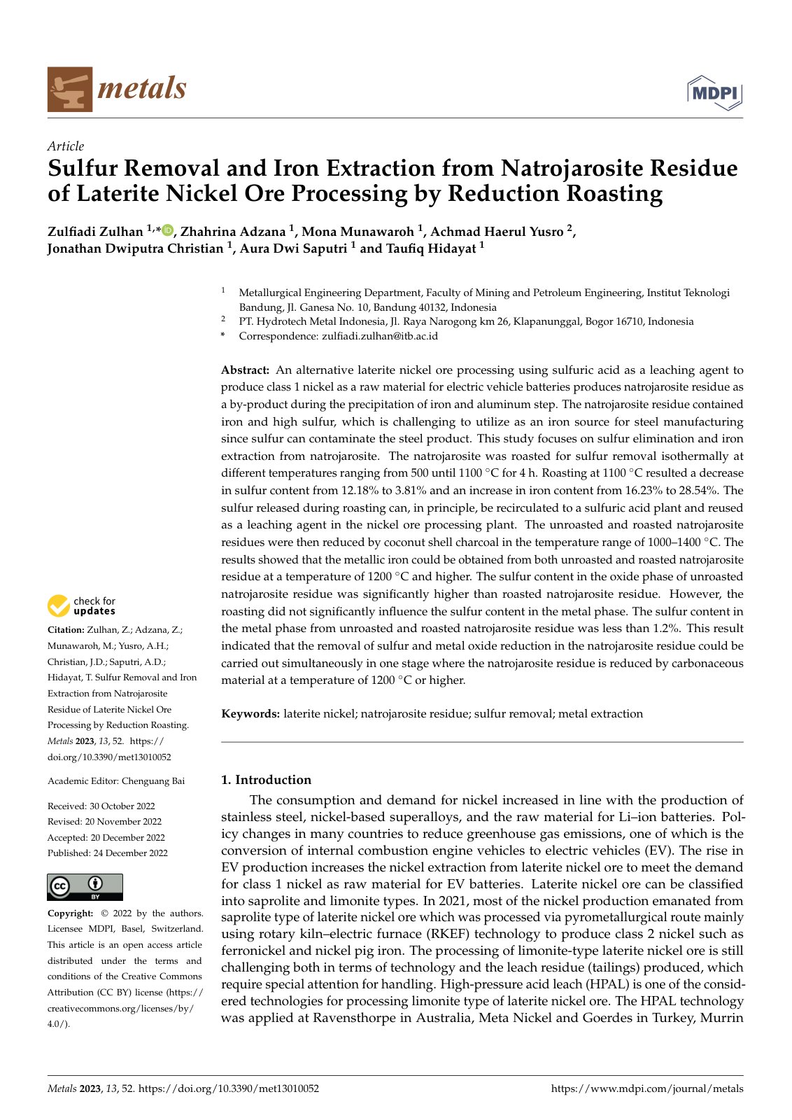 First page of Sulfur Removal and Iron Extraction from Natrojarosite Residue of Laterite Nickel Ore Processing by Reduction Roasting