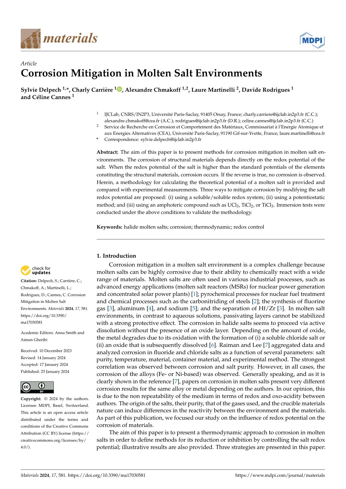 First page of Corrosion Mitigation in Molten Salt Environments