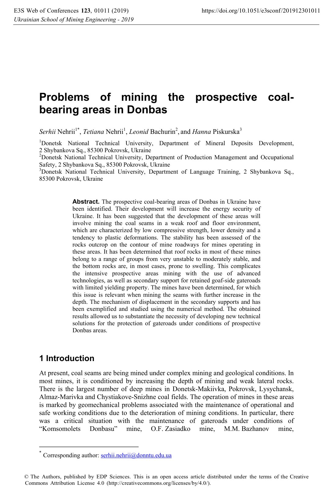 First page of Problems of mining the prospective coal