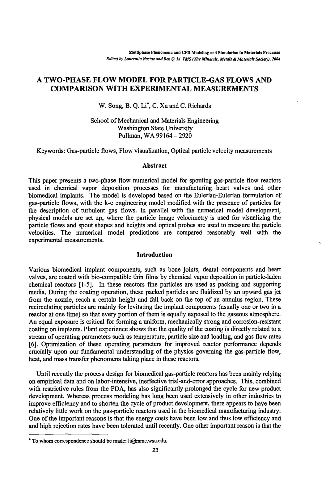 First page of A TWO-PHASE FLOW MODEL FOR PARTICLE-GAS FLOWS AND COMPARISON WITH EXPERIMENTAL MEASUREMENTS