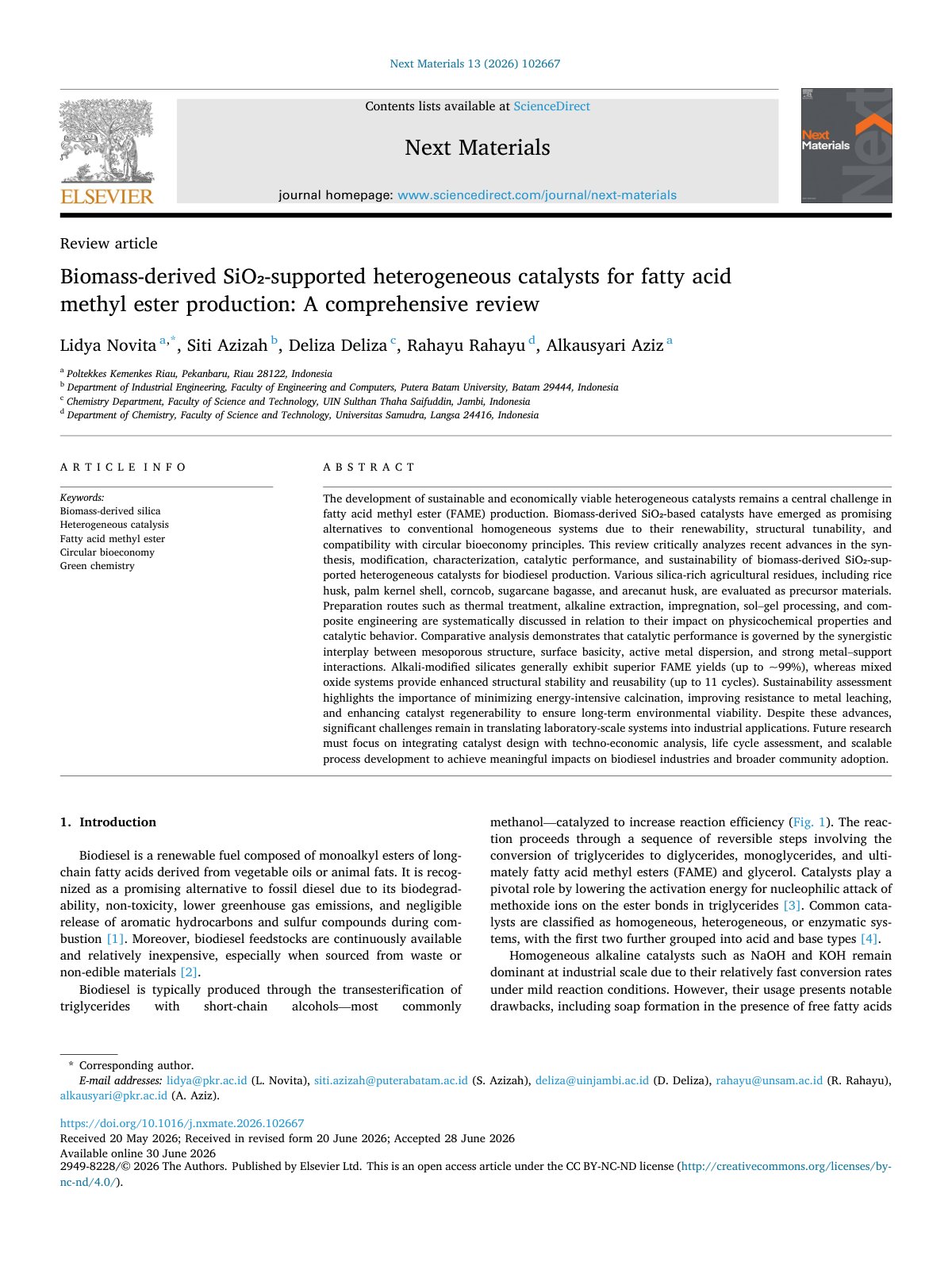 First page of Biomass derived SiO  supported heterogeneous catalysts for fatt 2026 Next Ma
