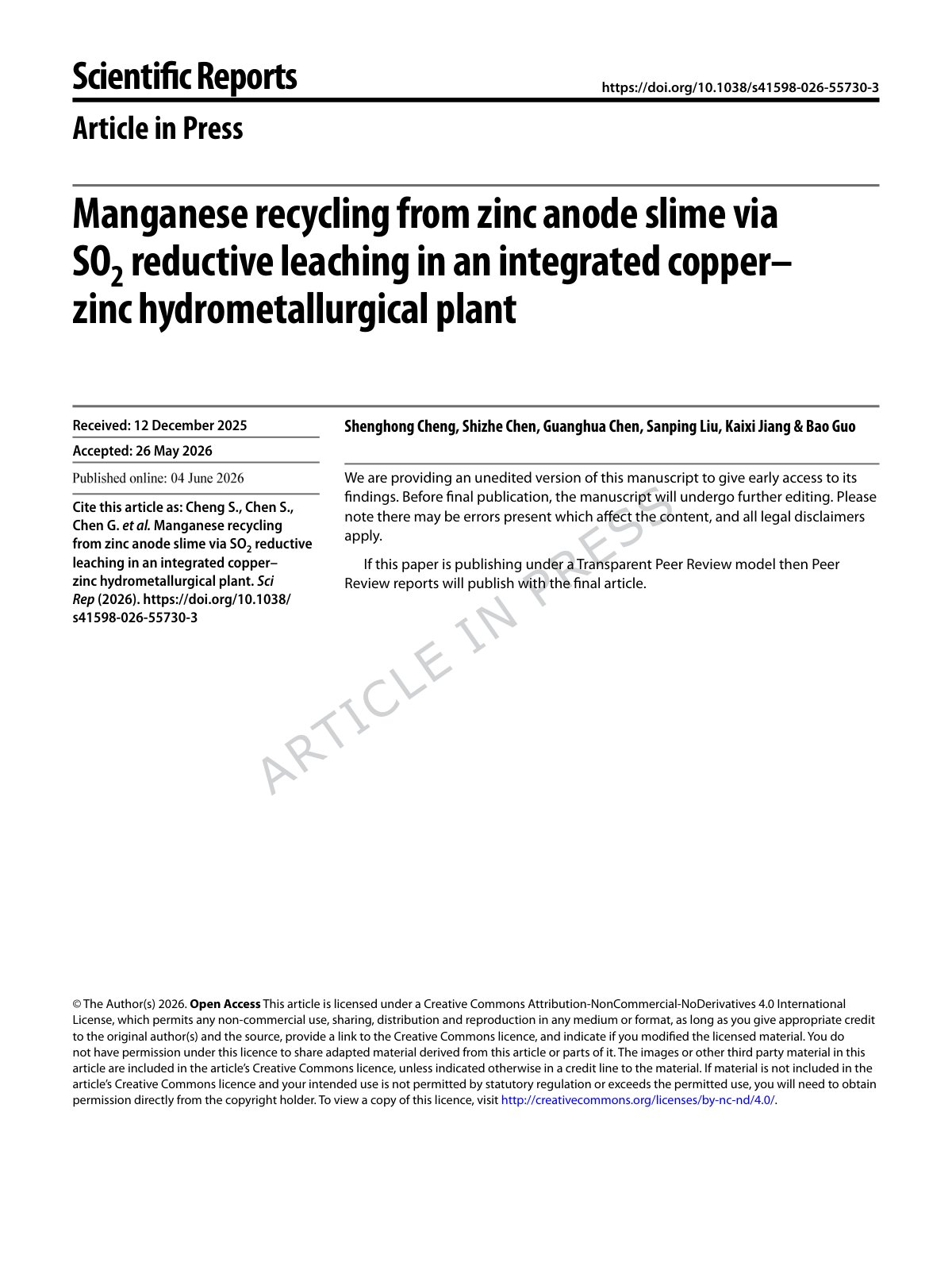 First page of 2026   Cheng   SO2 reductive leaching of zinc anode slime