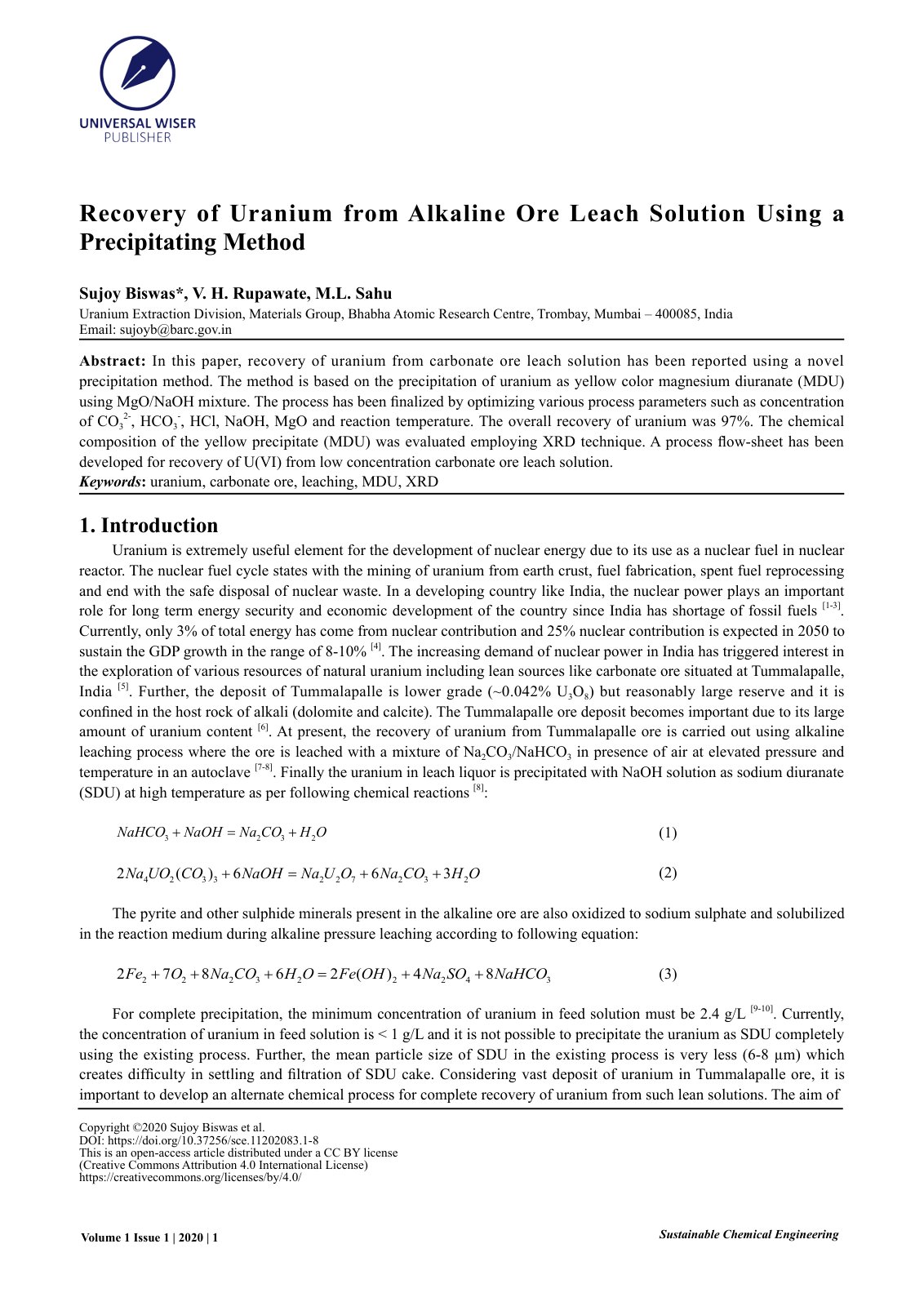 First page of Recovery of Uranium from Alkaline Ore Le