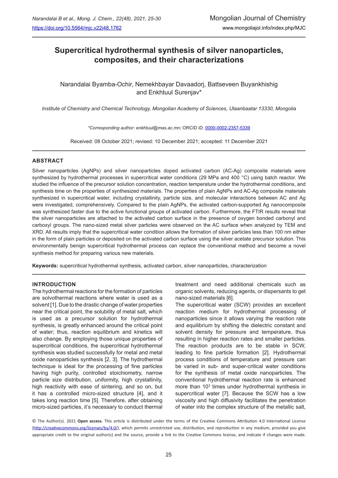 First page of Supercritical hydrothermal synthesis of silver nanoparticles, composites, and their characterizations