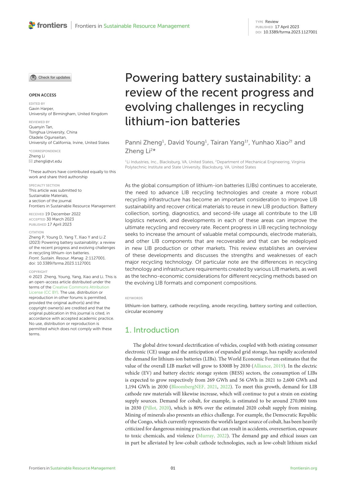 First page of Powering battery sustainability: a review of the recent progress and evolving challenges in recycling lithium-ion batteries