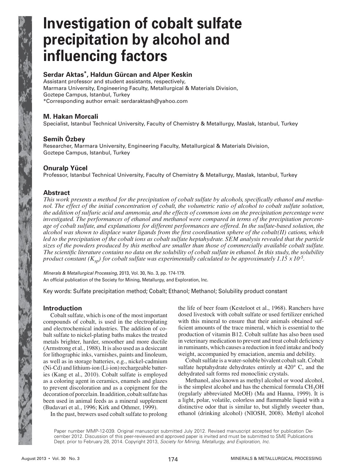 First page of Investigation of cobalt sulfate precipitation by alcohol and influencing factors