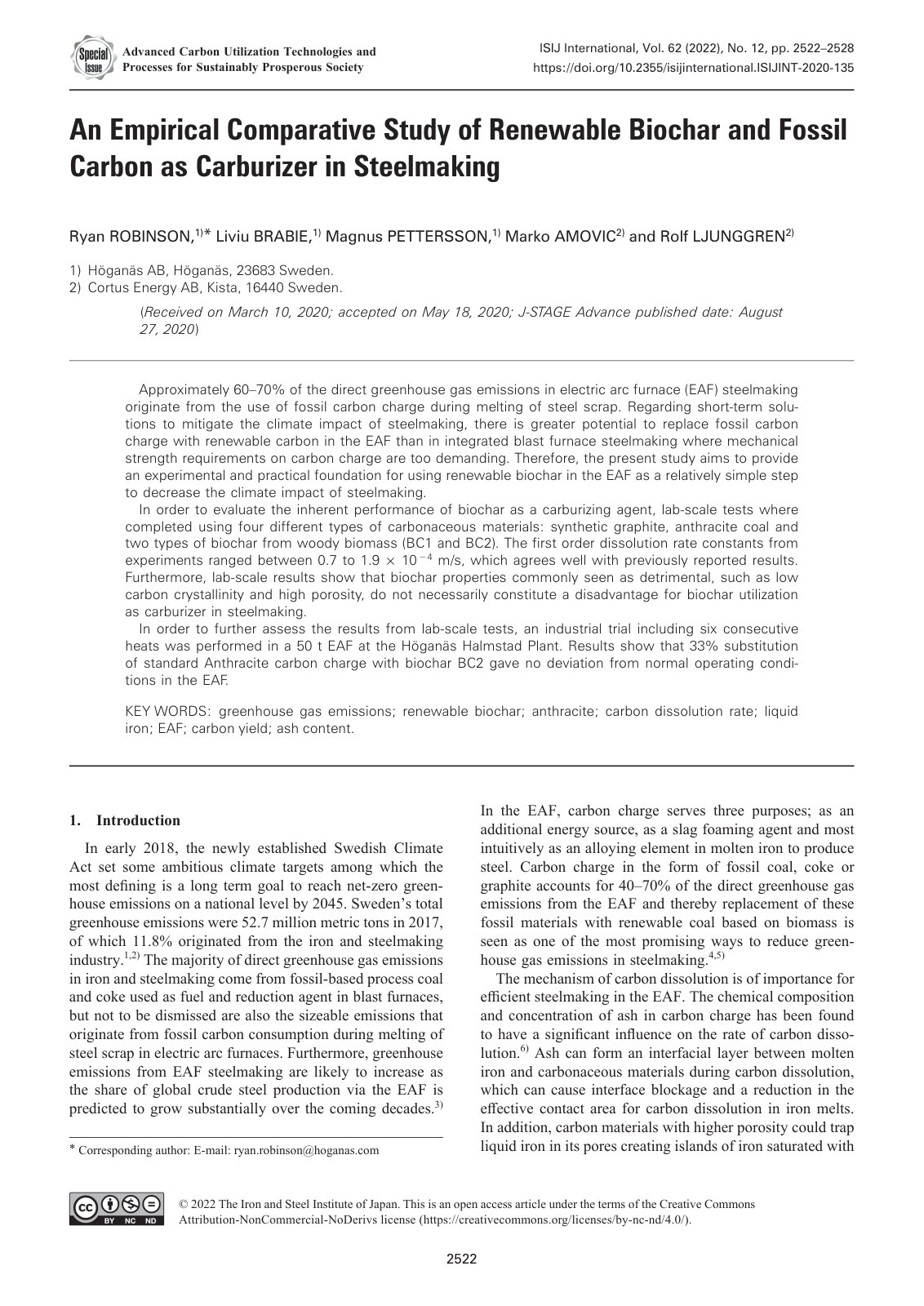 First page of An Empirical Comparative Study of Renewable Biochar and Fossil Carbon as Carburizer in Steelmaking