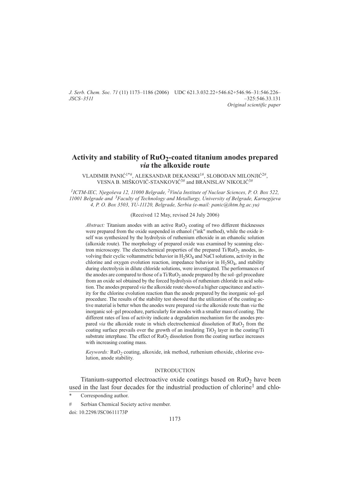 First page of Activity and stability of RuO2 coated ti