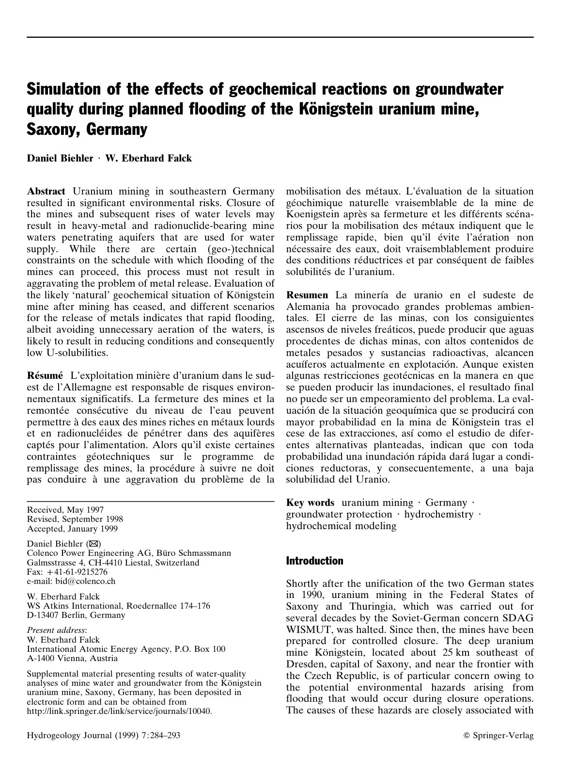 First page of Simulation of the effects of geochemical reactions on groundwater quality during planned flooding of the Königstein uranium mine, Saxony, Germany