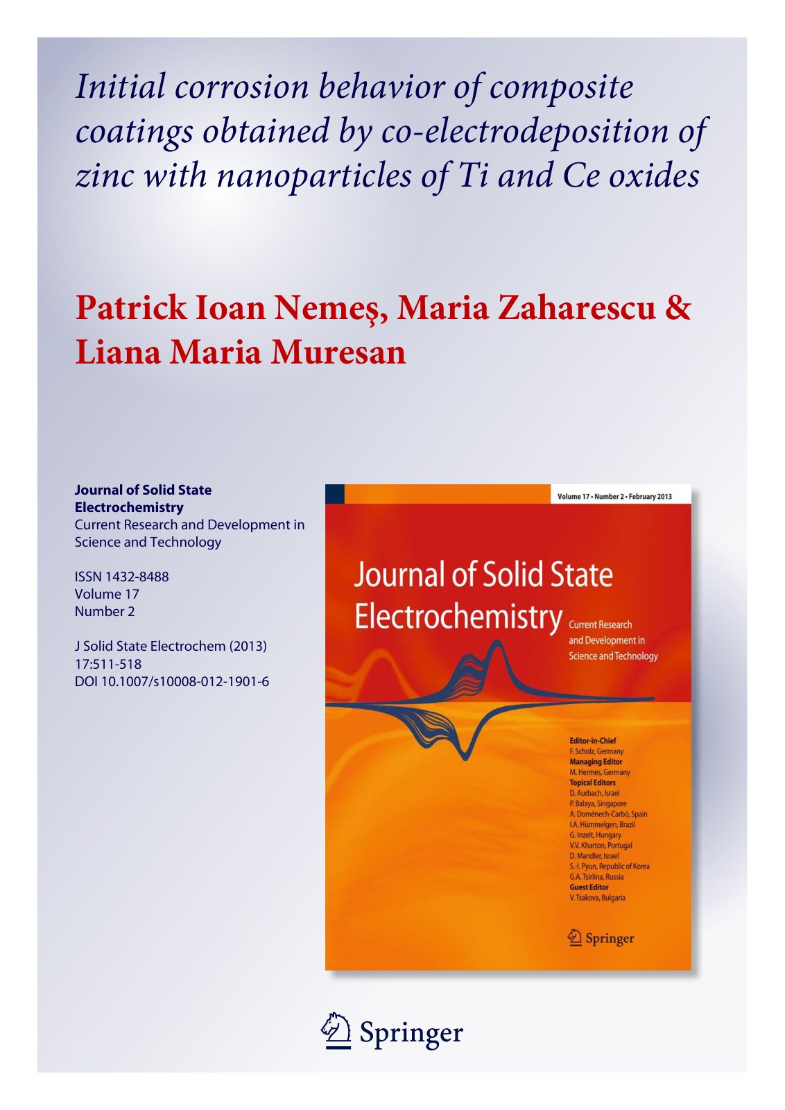 First page of Initial corrosion behavior of composite coatings obtained by co-electrodeposition of zinc with nanoparticles of Ti and Ce oxides