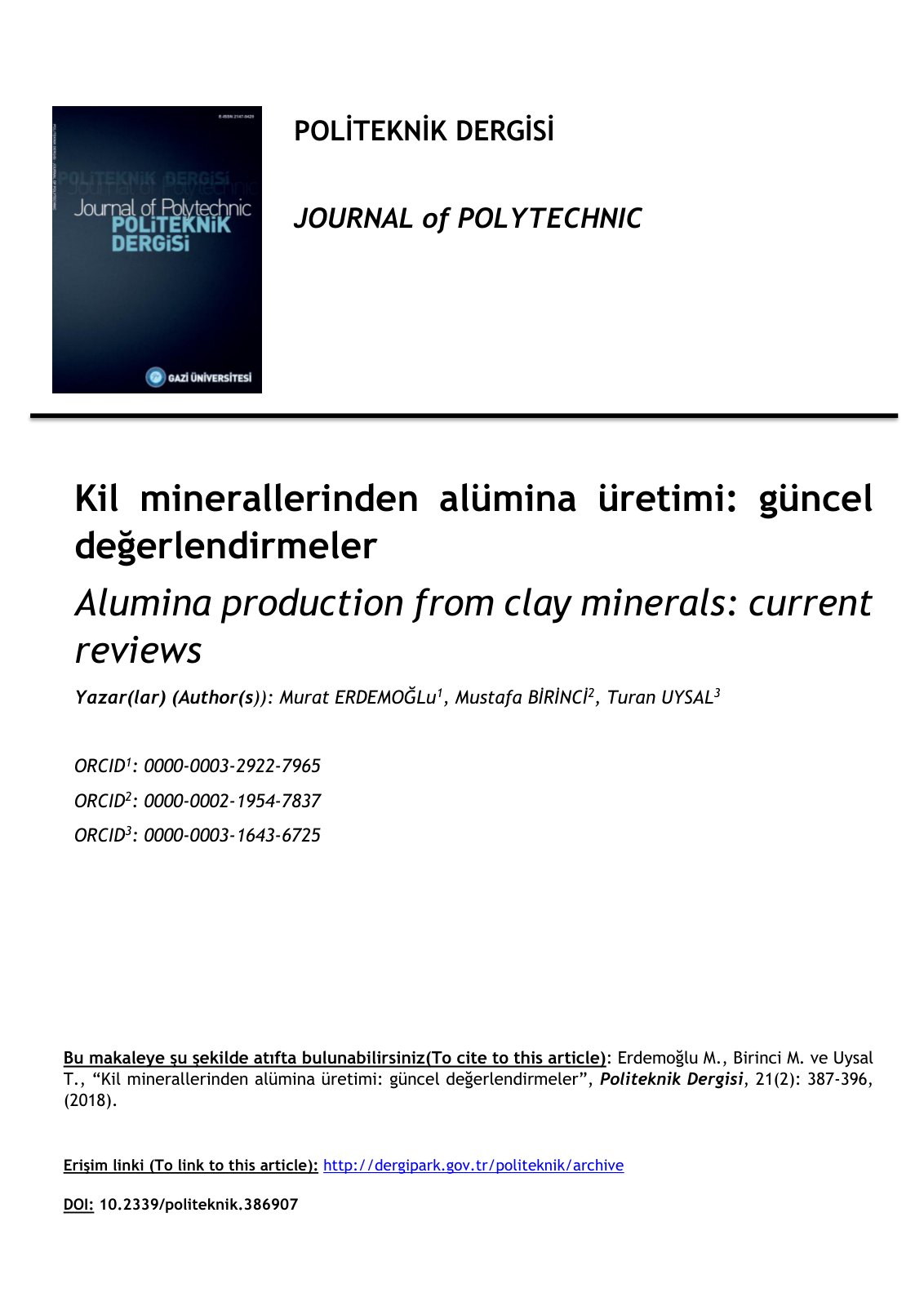 First page of Kil minerallerinden alümina üretimi: güncel değerlendirmeler