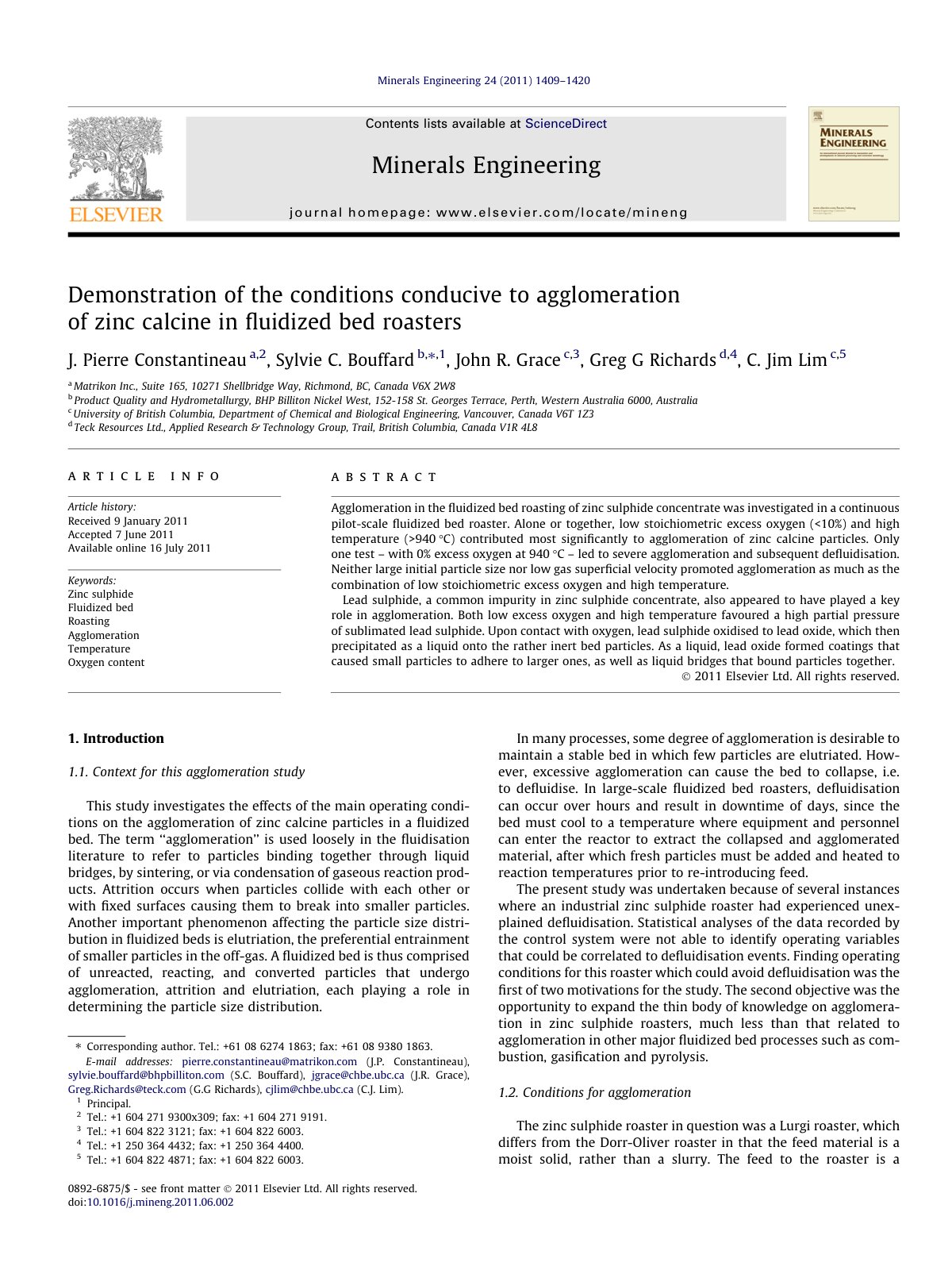 First page of Demonstration of the conditions conducive to agglomeration of zinc calcine in fluidized bed roasters