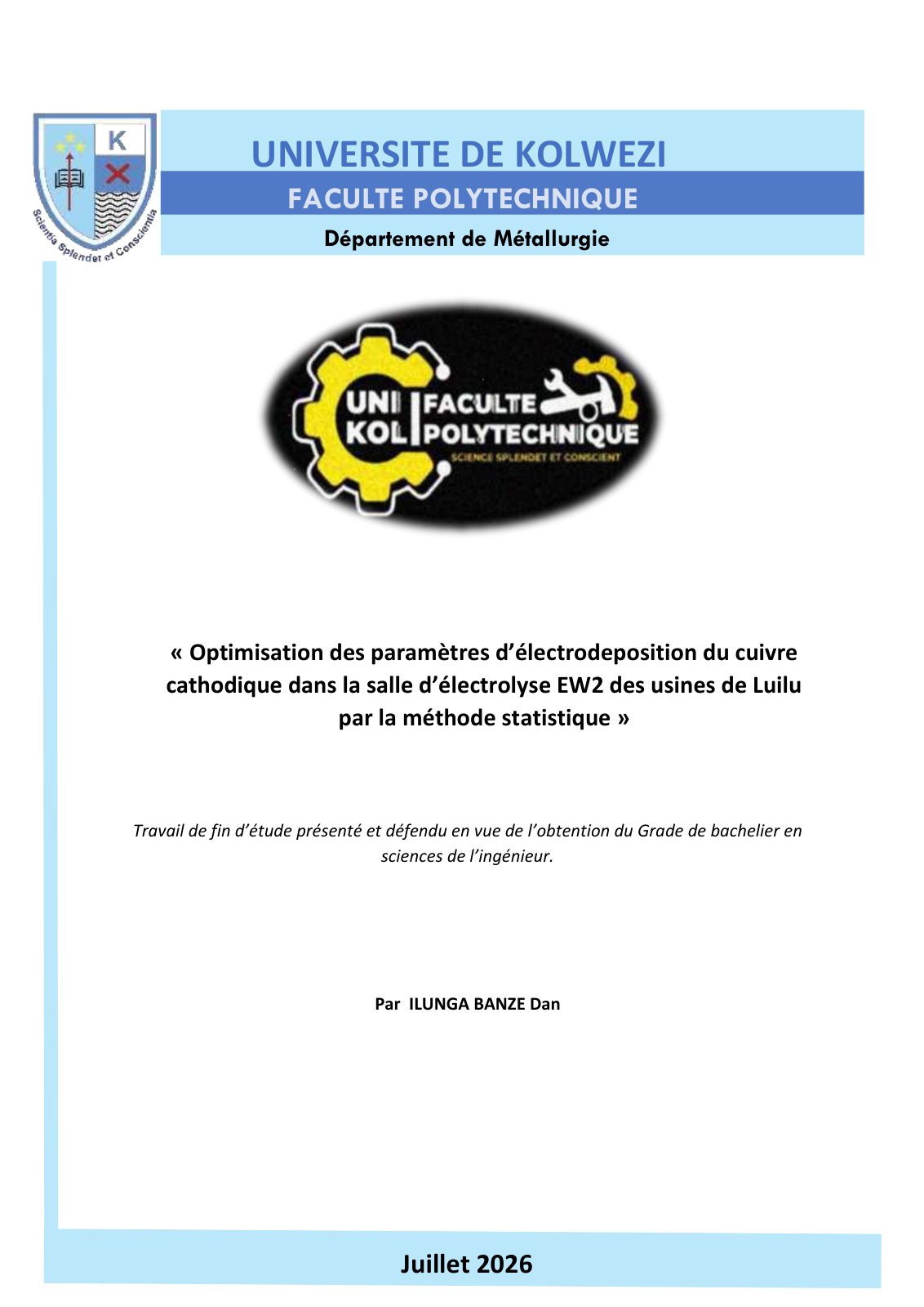 First page of Optimisation des paramètres d’électrodeposition du cuivre cathodique dans la salle d’électrolyse EW2 des usines de Luilu par la méthode statistique