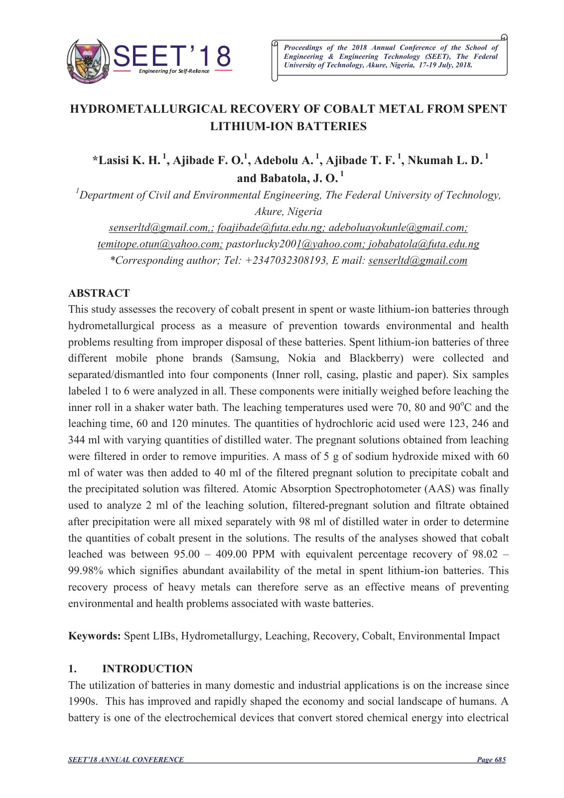 First page of Hydrometallurgical Recovery of Cobalt Me
