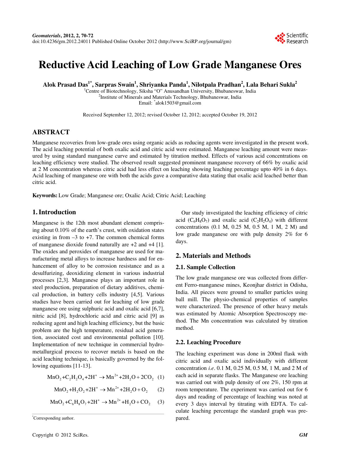 First page of Reductive Acid Leaching of Low Grade Man