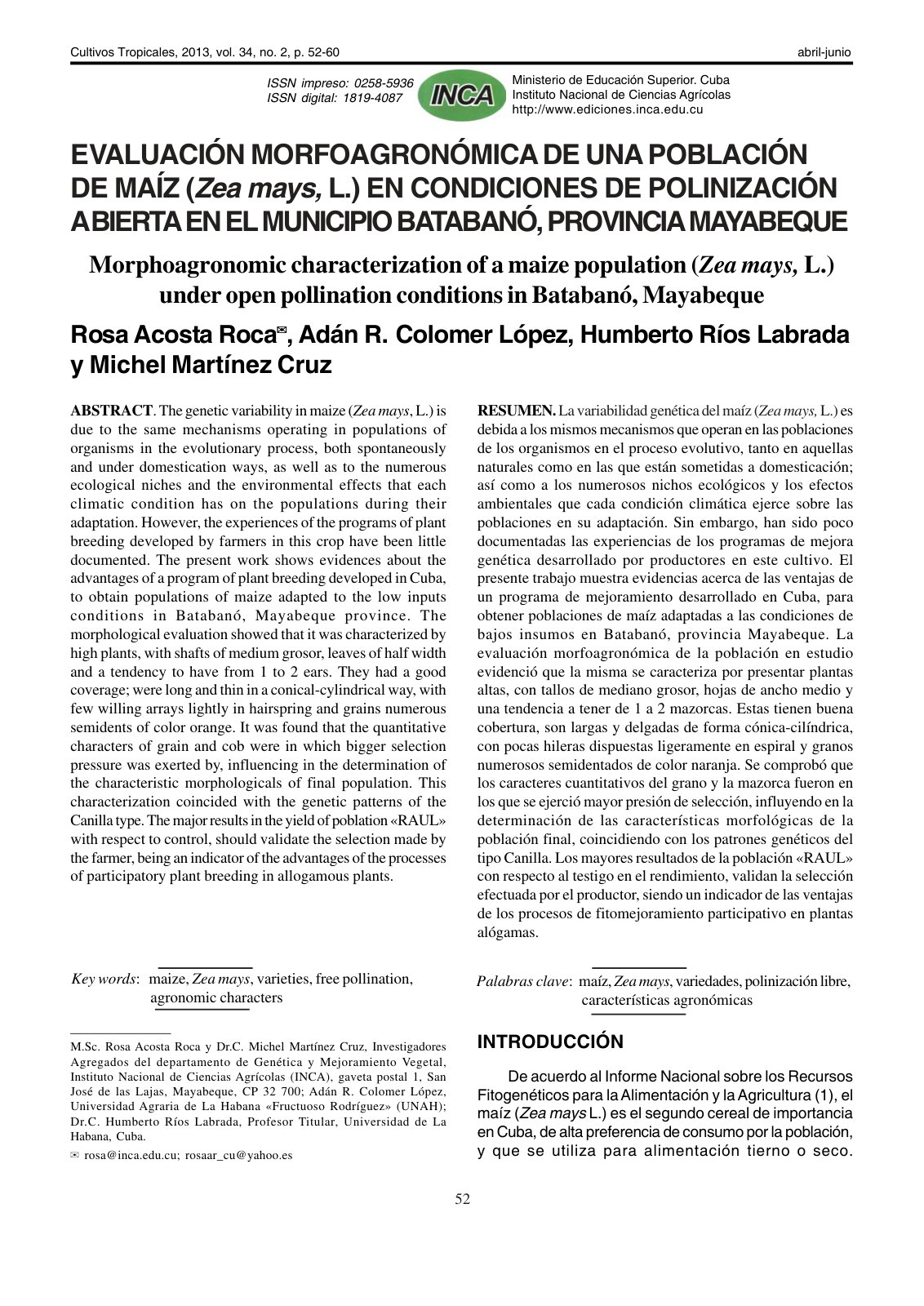 First page of Morphoagronomic characterization of a ma