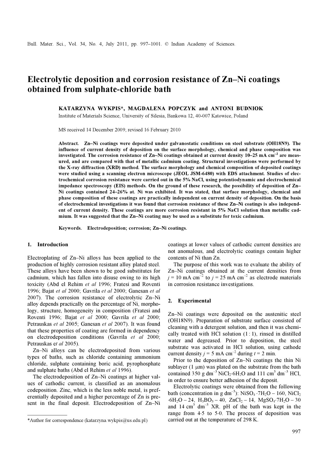 First page of Electrolytic deposition and corrosion resistance of  Zn–Ni coatings obtained from sulphate-chloride bath