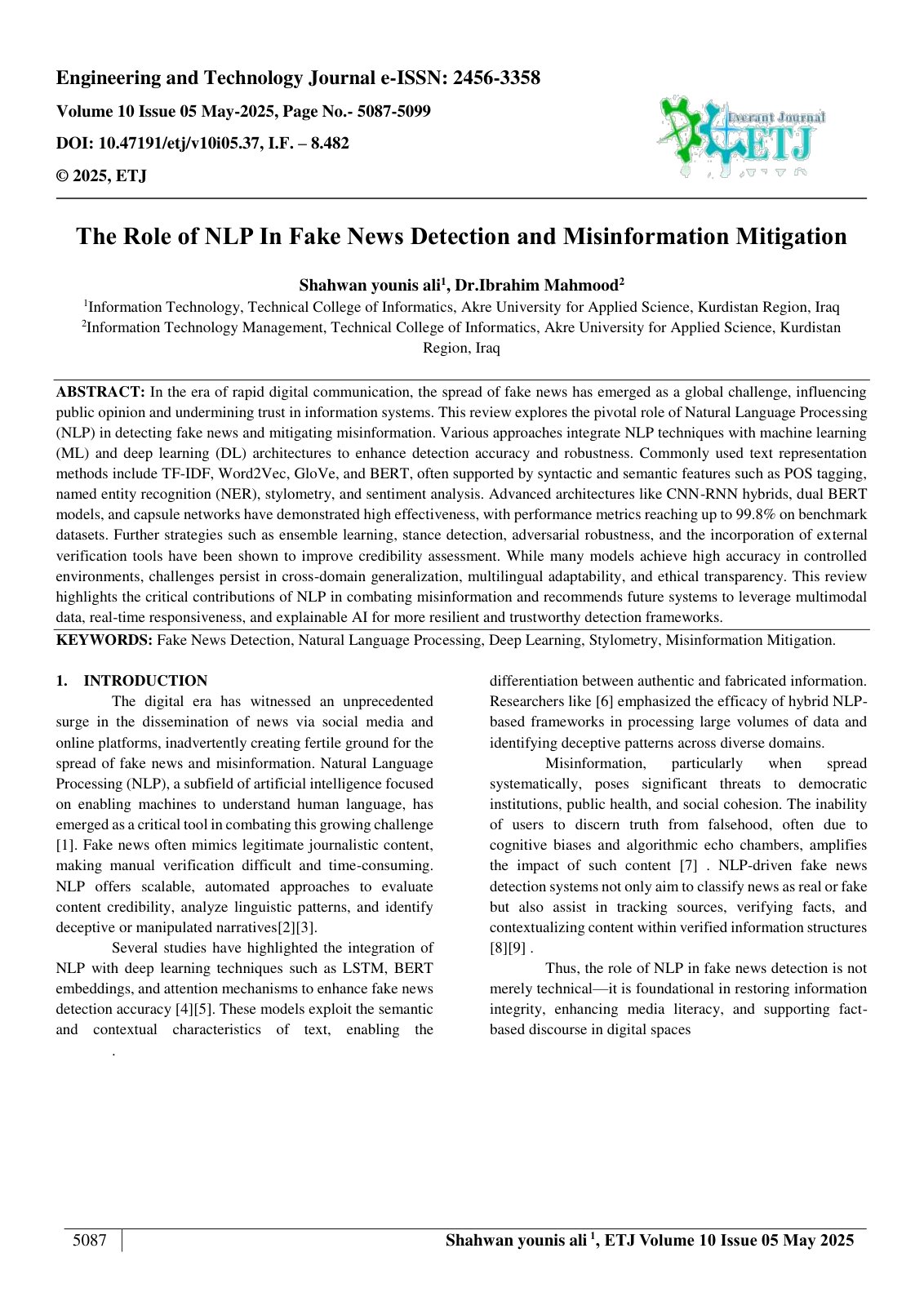 First page of The Role of NLP In Fake News Detection and Misinformation Mitigation  