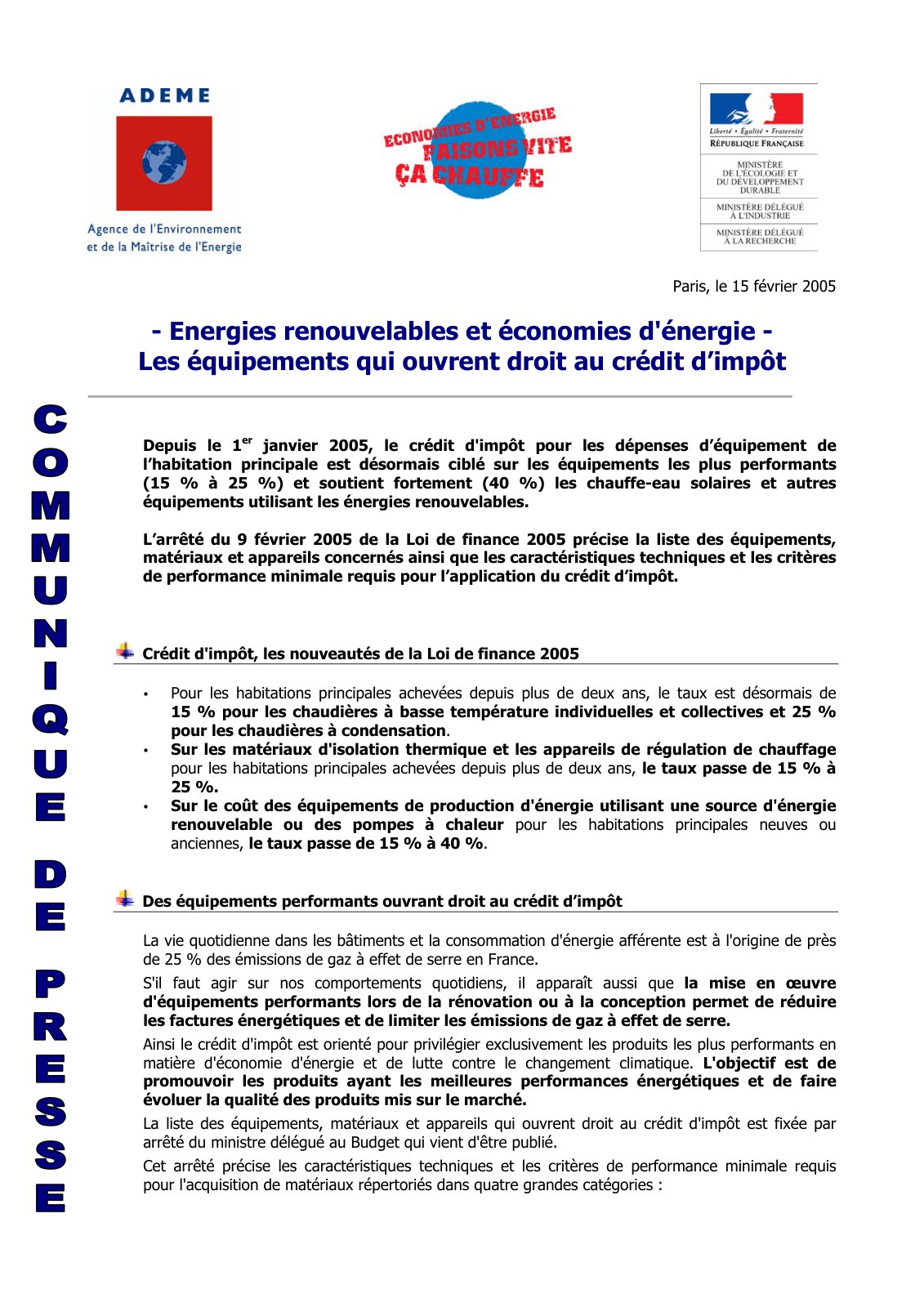 First page of Energies renouvelables et économies d'énergie - Les équipements qui ouvrent droit au crédit d’impôt