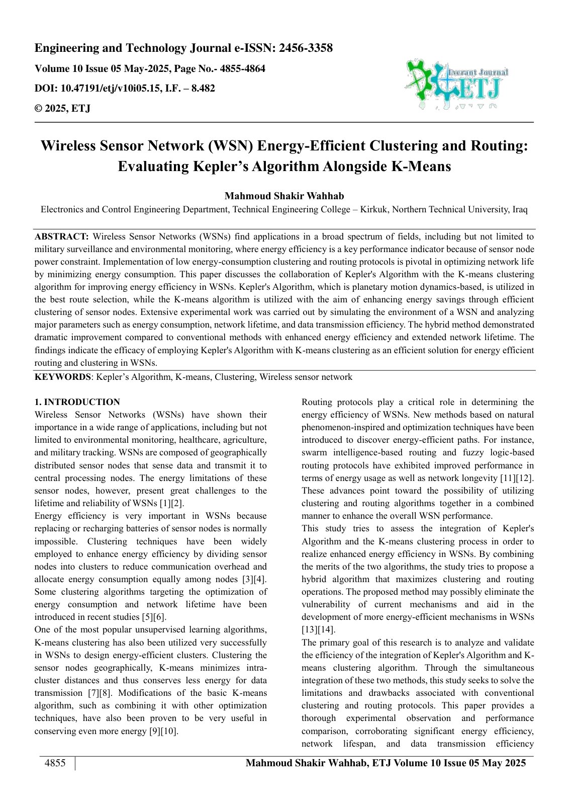 First page of Wireless Sensor Network (WSN) Energy-Efficient Clustering and Routing:  Evaluating Kepler’s Algorithm Alongside K-Means  