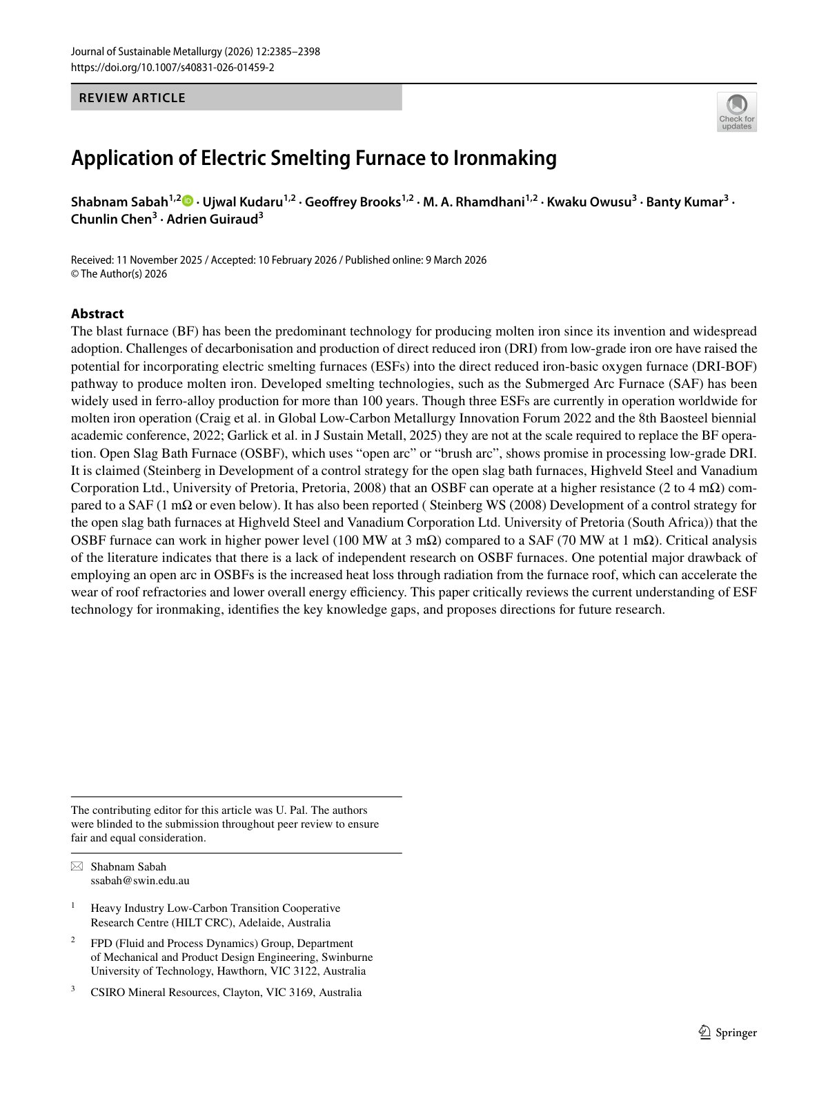 First page of Application of Electric Smelting Furnace to Ironmaking