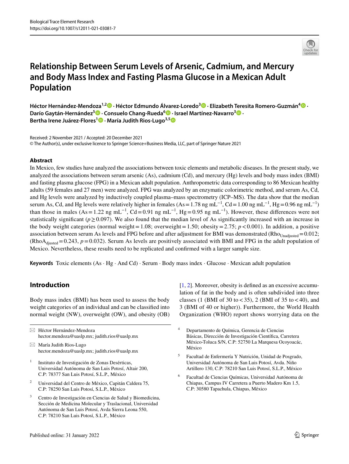 First page of Relationship Between Serum Levels of Arsenic, Cadmium, and Mercury and Body Mass Index and Fasting Plasma Glucose in a Mexican Adult Population