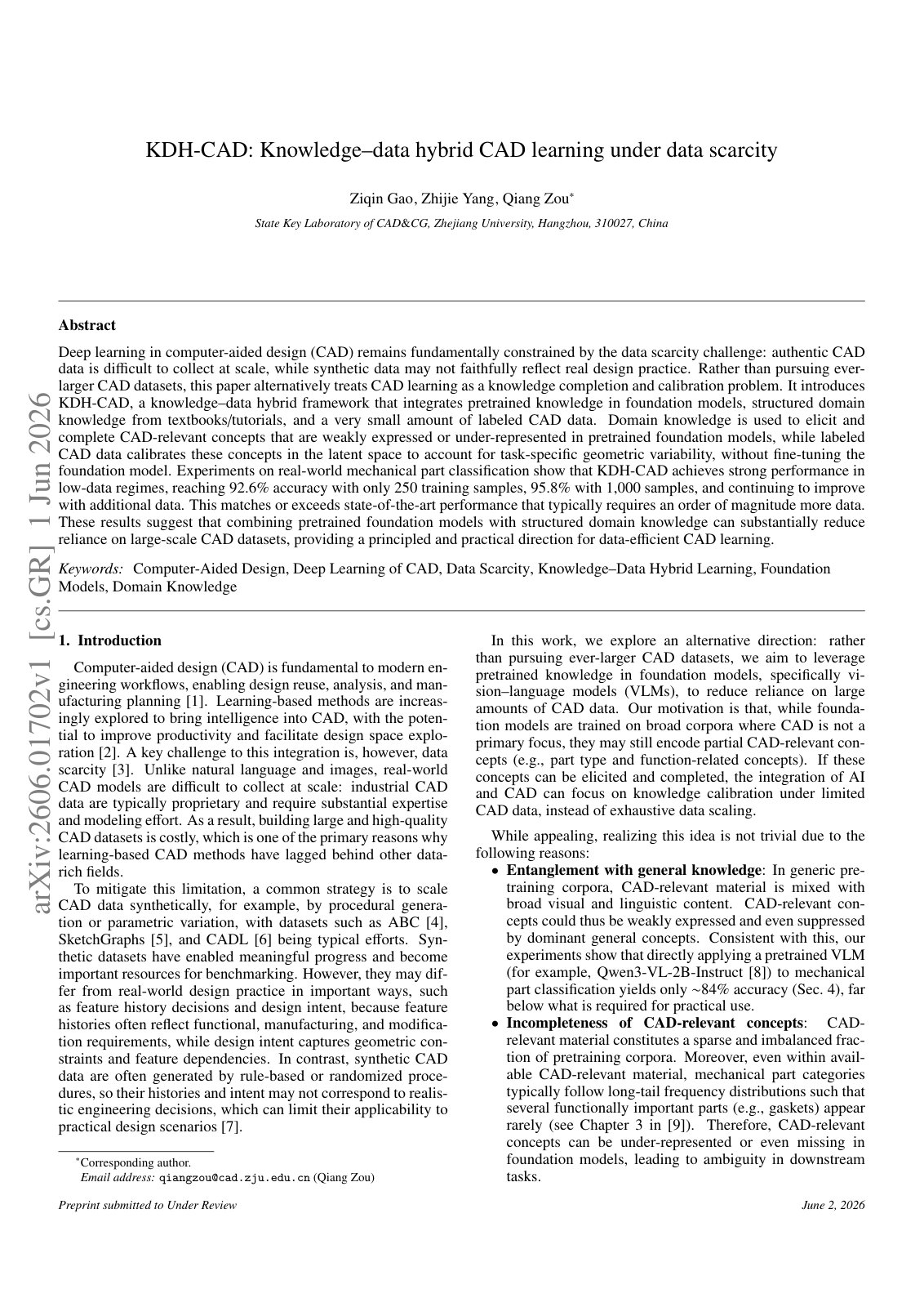 First page of KDH-CAD: Knowledge–data hybrid CAD learning under data scarcity