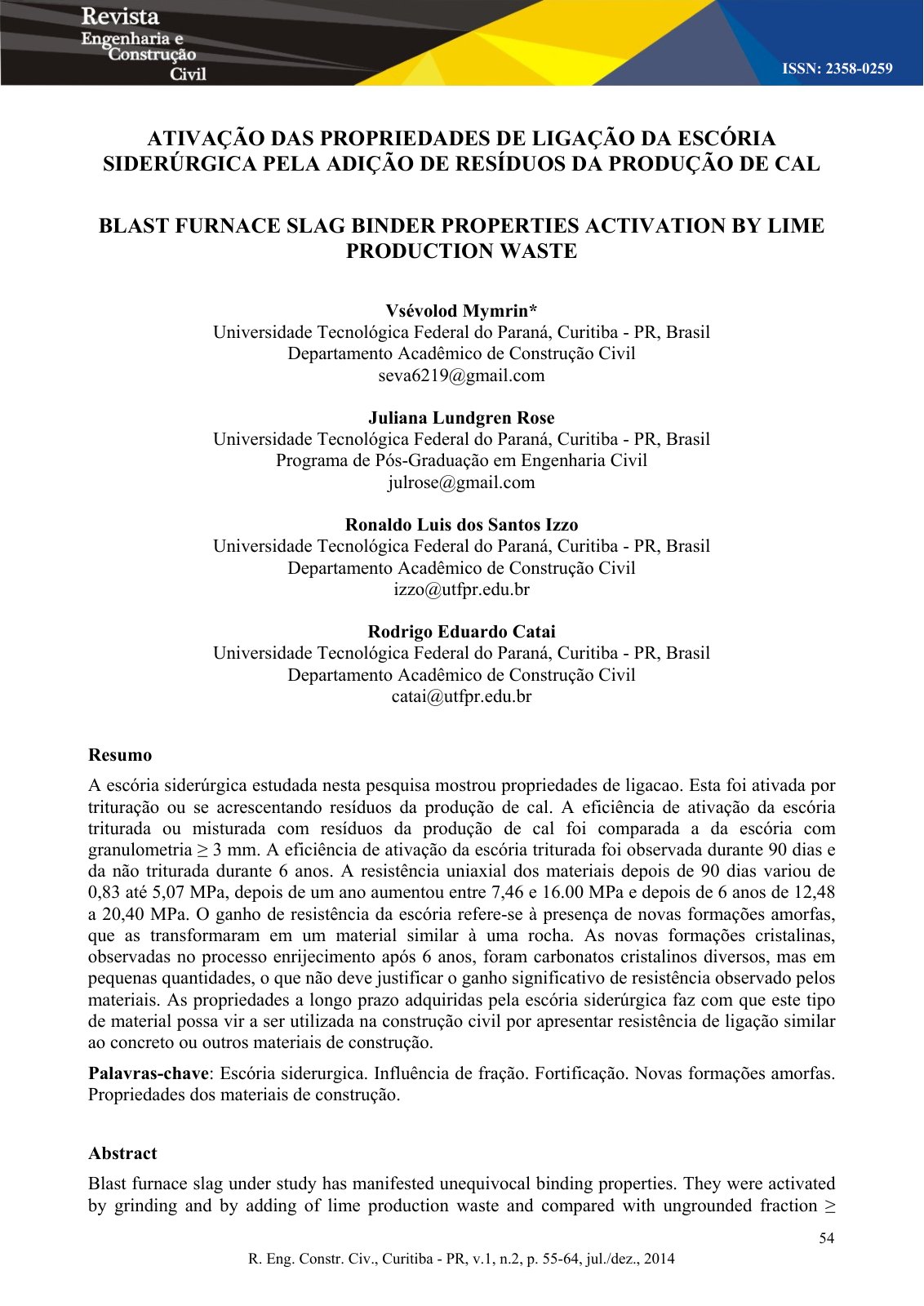 First page of ATIVAÇÃO DAS PROPRIEDADES DE LIGAÇÃO DA ESCÓRIA SIDERÚRGICA PELA ADIÇÃO DE RESÍDUOS DA PRODUÇÃO DE CAL