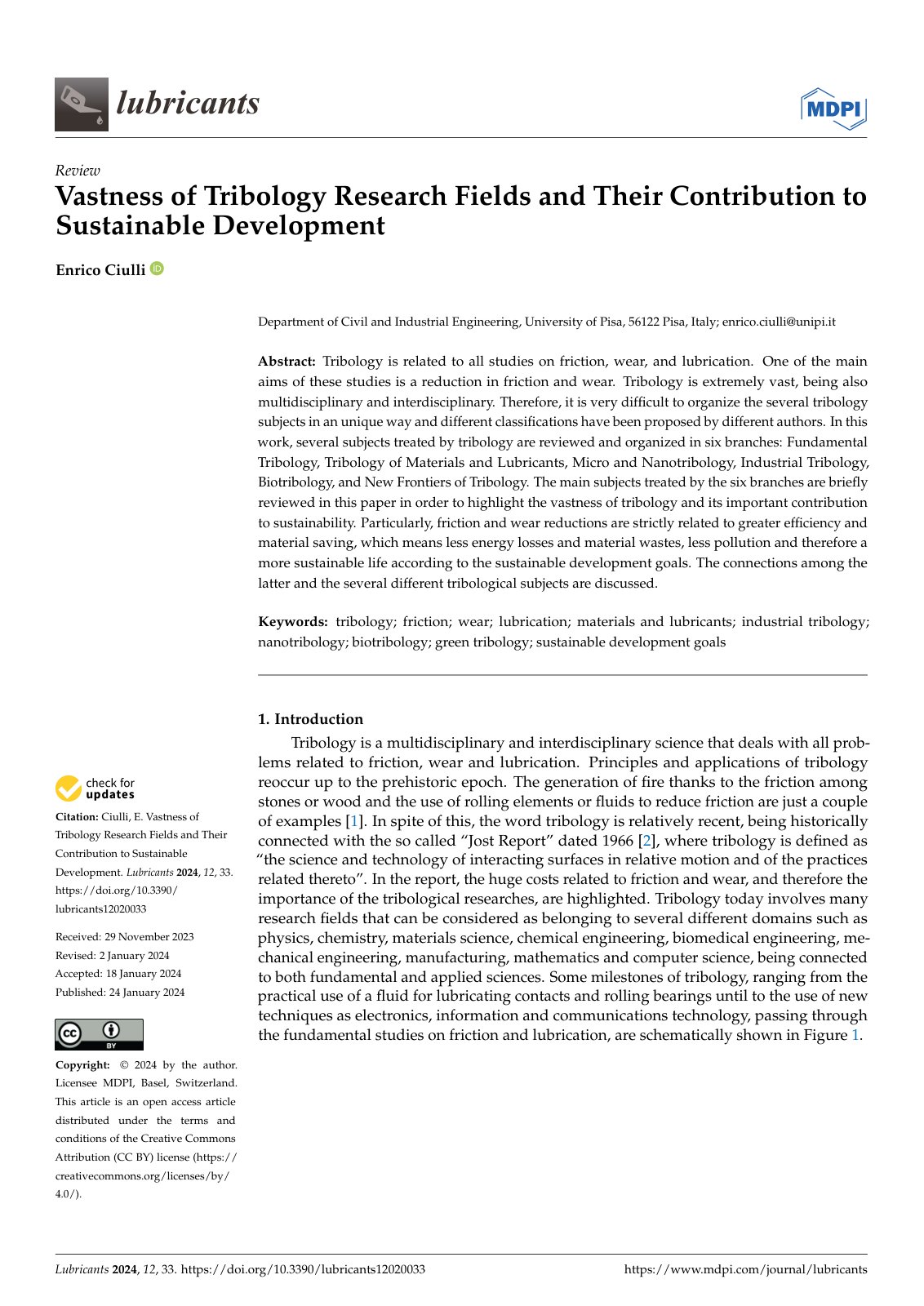 First page of Vastness of Tribology Research Fields and Their Contribution to Sustainable Development