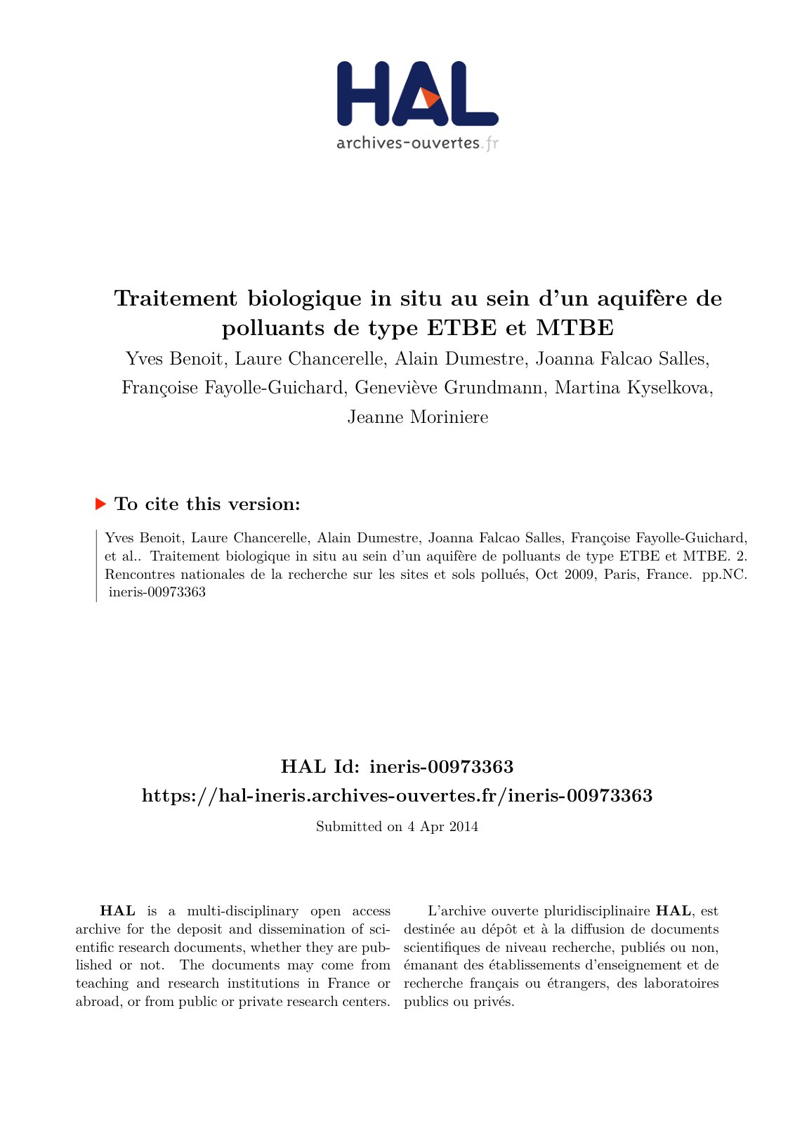 First page of Traitement biologique in situ au sein du