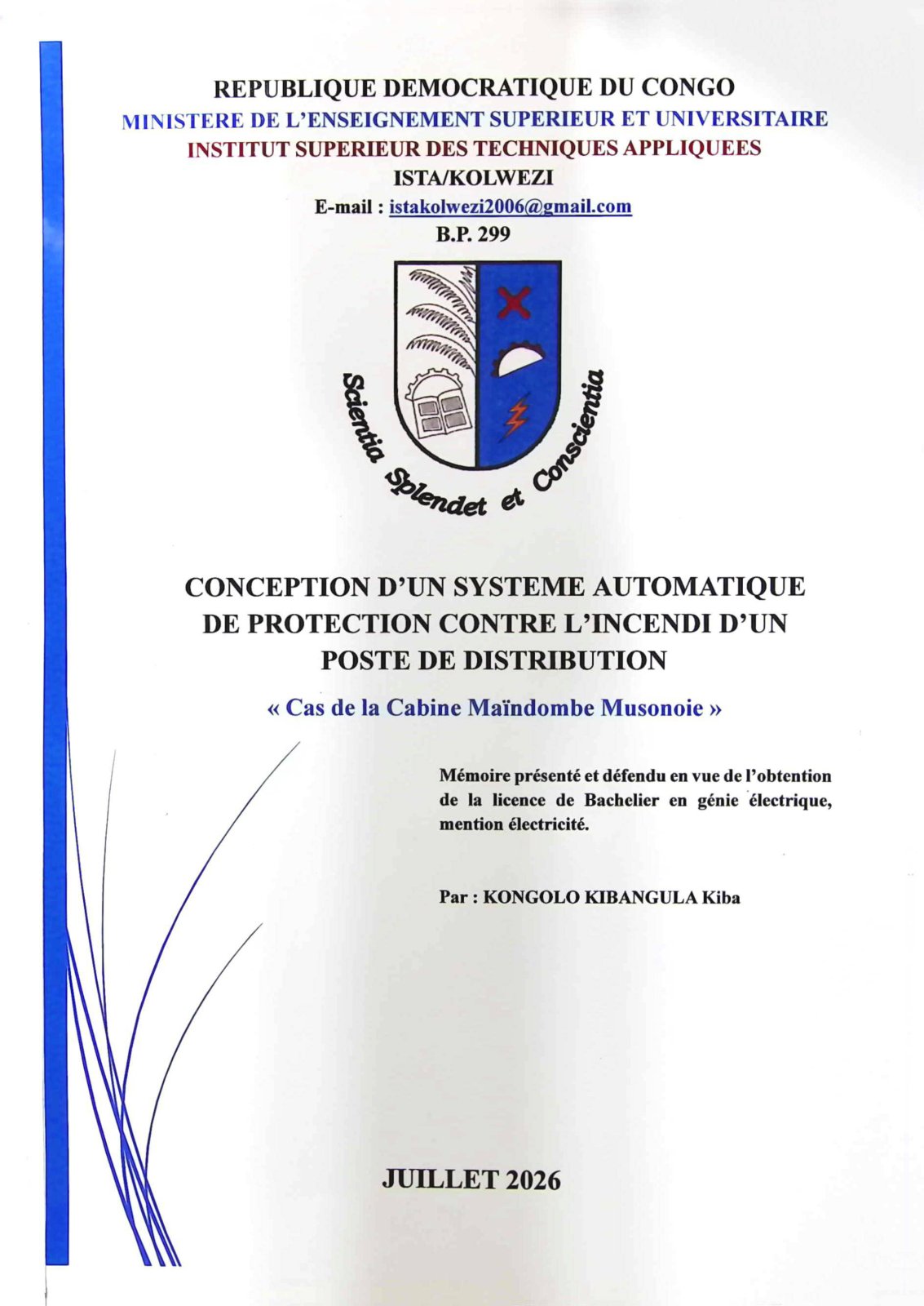 First page of CONCEPTION D'UN SYSTEME AUTOMATIQUE DE PROTECTION CONTRE L'INCENDI D'UN POSTE DE DISTRIBUTION « Cas de la Cabine Maindombe Musonoie »