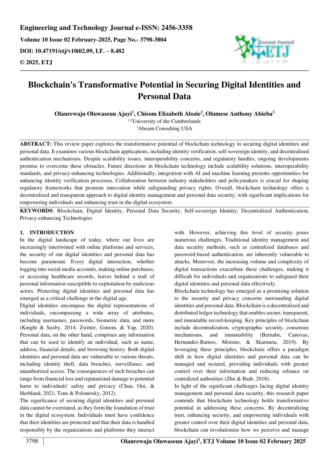 First page of Blockchain's Transformative Potential in Securing Digital Identities and  Personal Data  