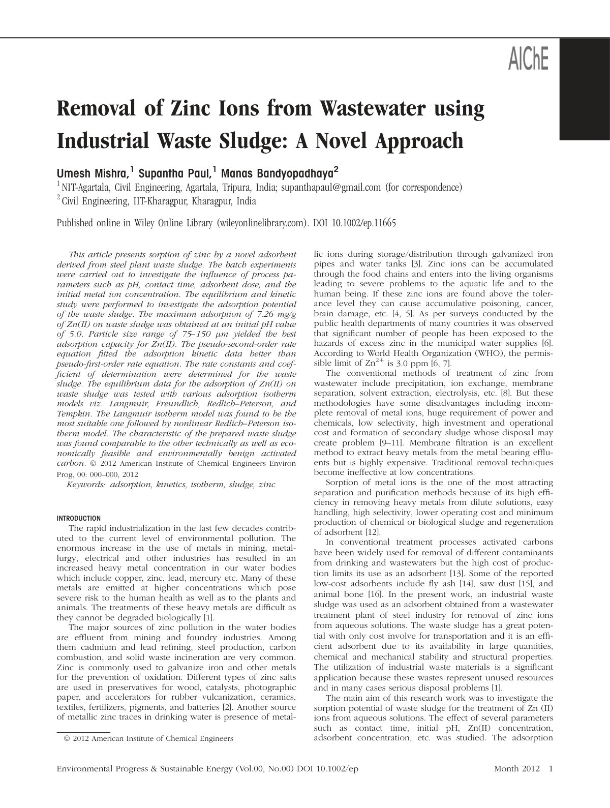 First page of Removal of Zinc Ions from Wastewater using Industrial Waste Sludge: A Novel Approach