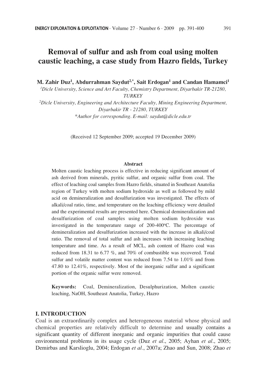 First page of Removal of sulfur and ash from coal usin