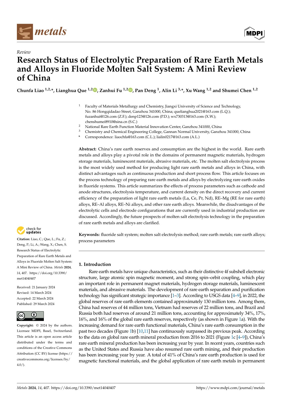 First page of Research Status of Electrolytic Preparation of Rare Earth Metals and Alloys in Fluoride Molten Salt System: A Mini Review of China