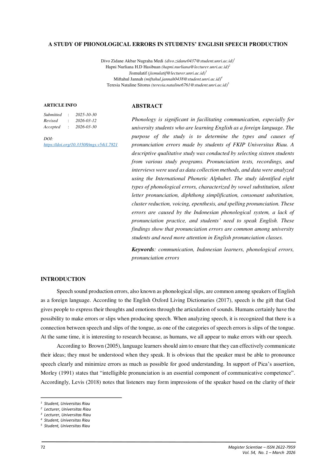 First page of A STUDY OF PHONOLOGICAL ERRORS IN STUDENTS ENGLIS
