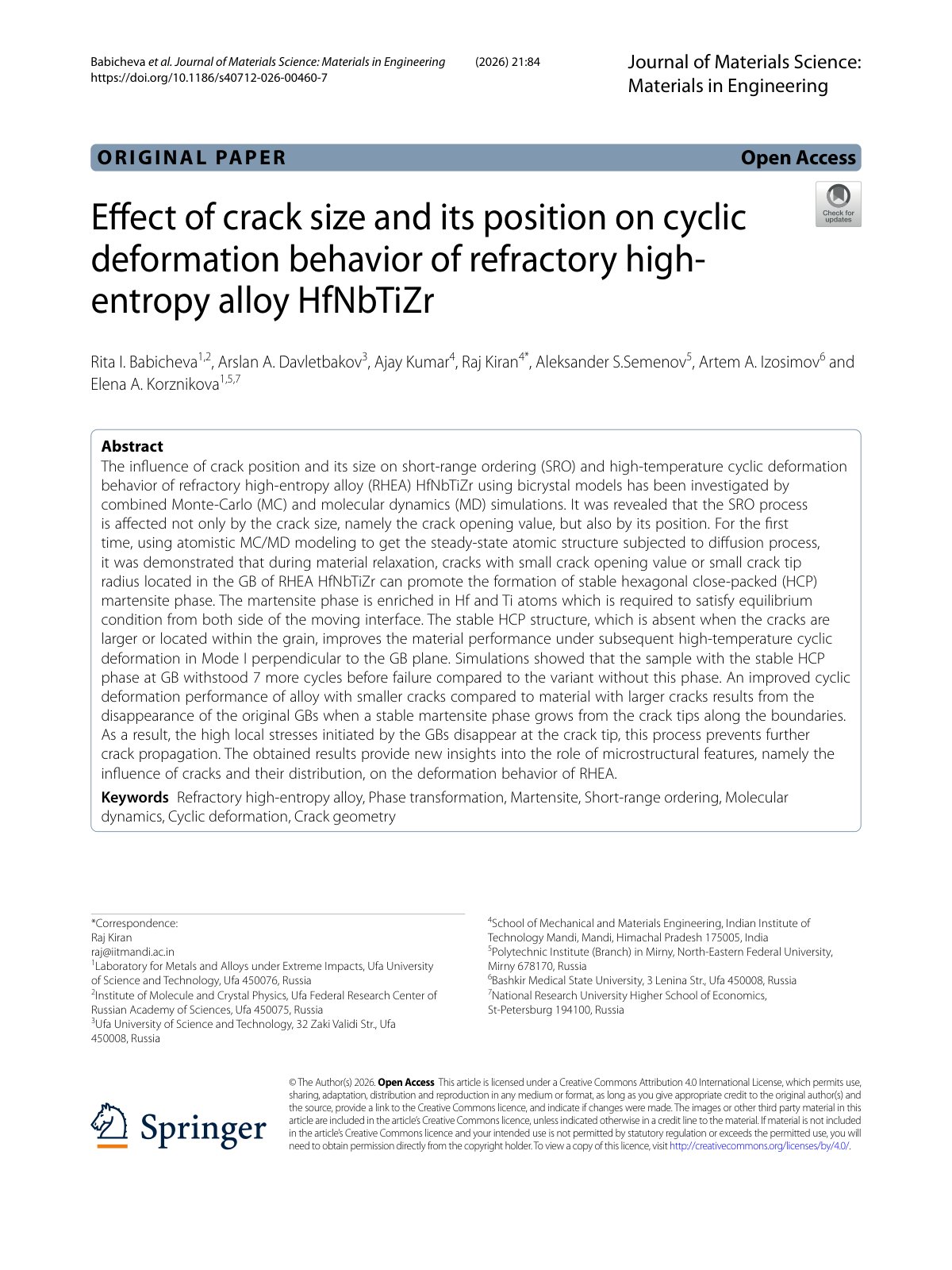 First page of 2026 Babicheva HfNbTiZr Crack Cyclic Deformation