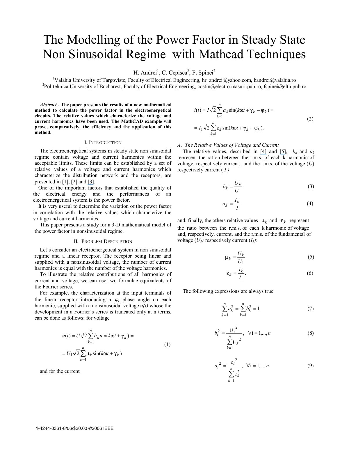 First page of The Modelling of the Power Factor in Steady State Non Sinusoidal Regime with Mathcad Techniques
