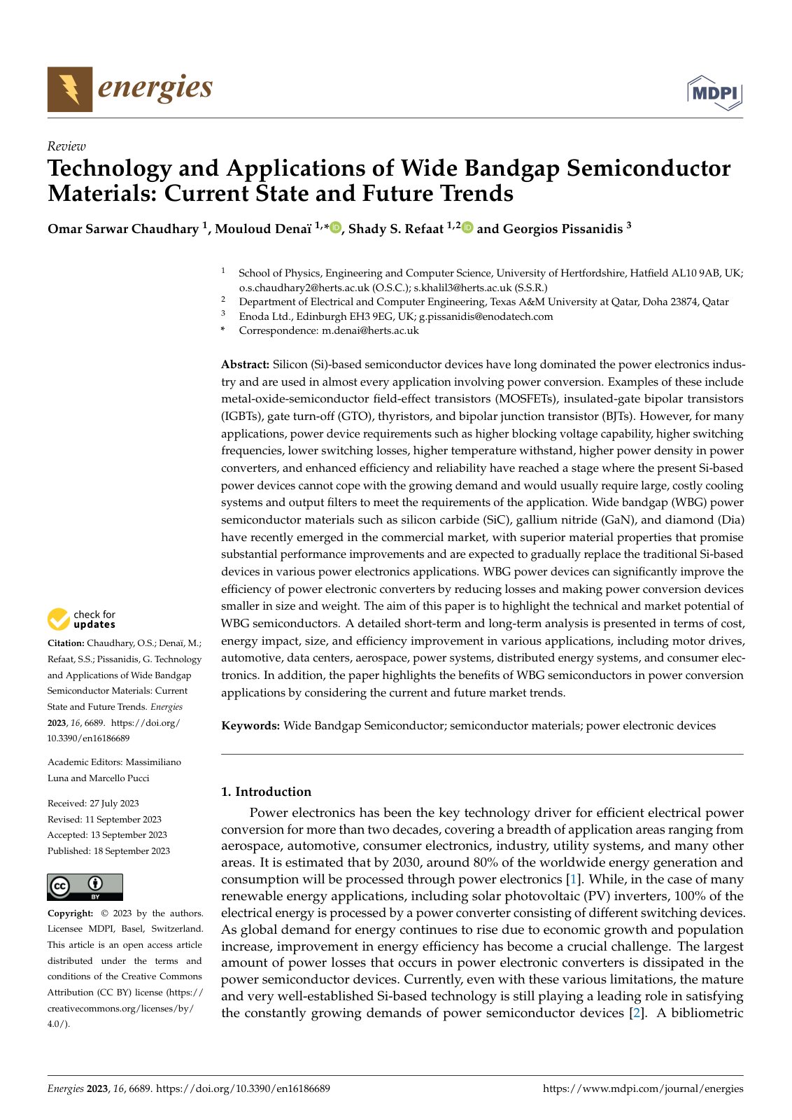 First page of Technology and Applications of Wide Bandgap Semiconductor Materials: Current State and Future Trends