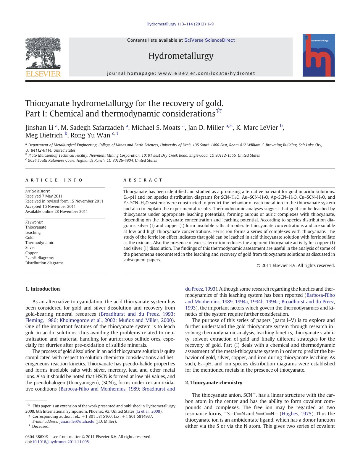 First page of Thiocyanate hydrometallurgy for the reco