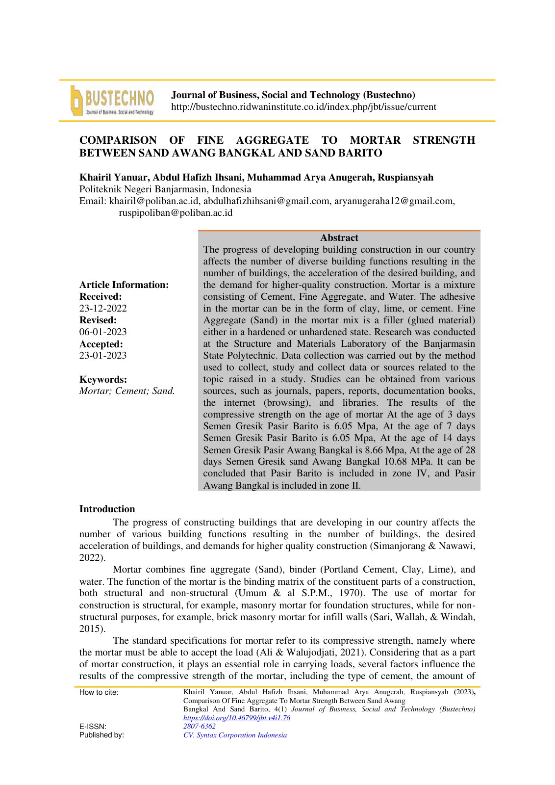 First page of Comparison Of Fine Aggregate To Mortar Strength Between Sand Awang Bangkal And Sand Barito