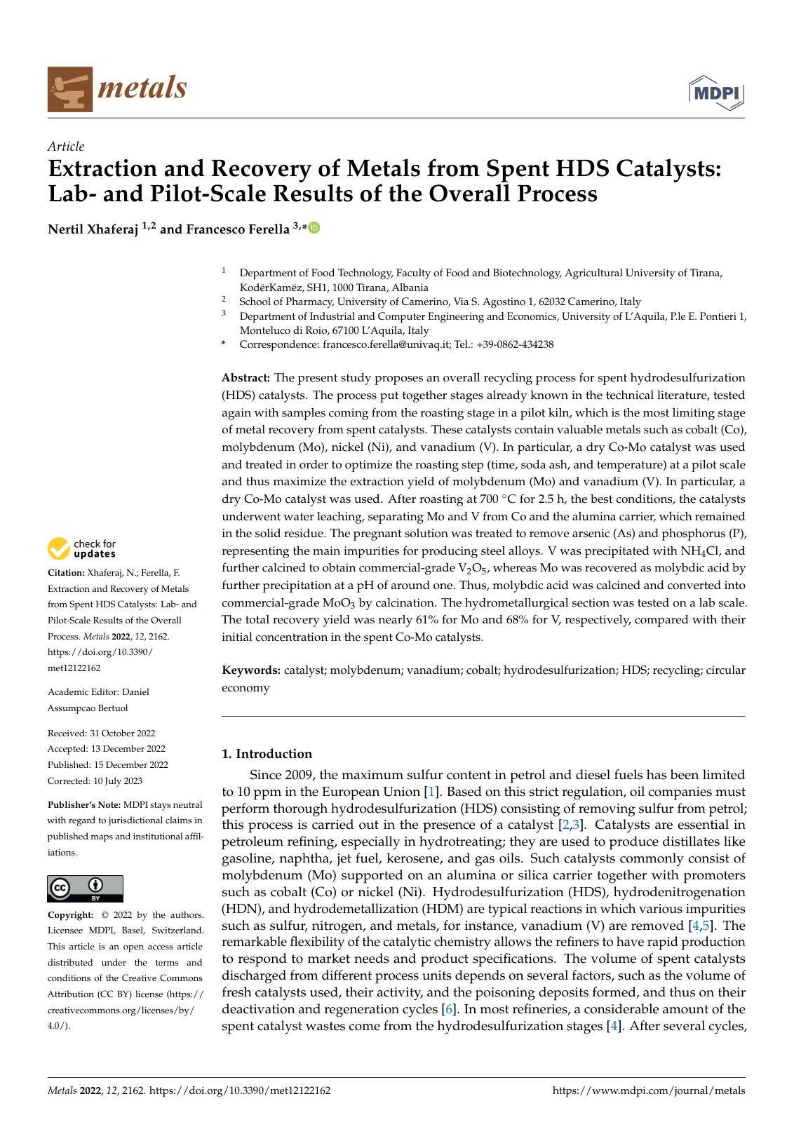 First page of Extraction and Recovery of Metals from Spent HDS Catalysts: Lab- and Pilot-Scale Results of the Overall Process