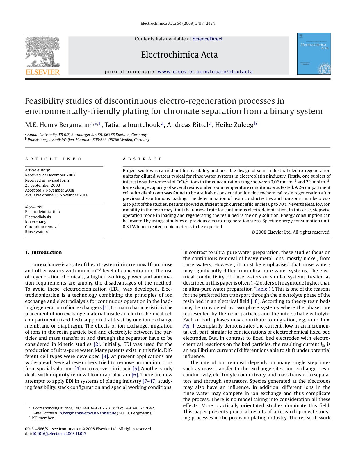 First page of Feasibility studies of discontinuous electro-regeneration processes in environmentally-friendly plating for chromate separation from a binary system