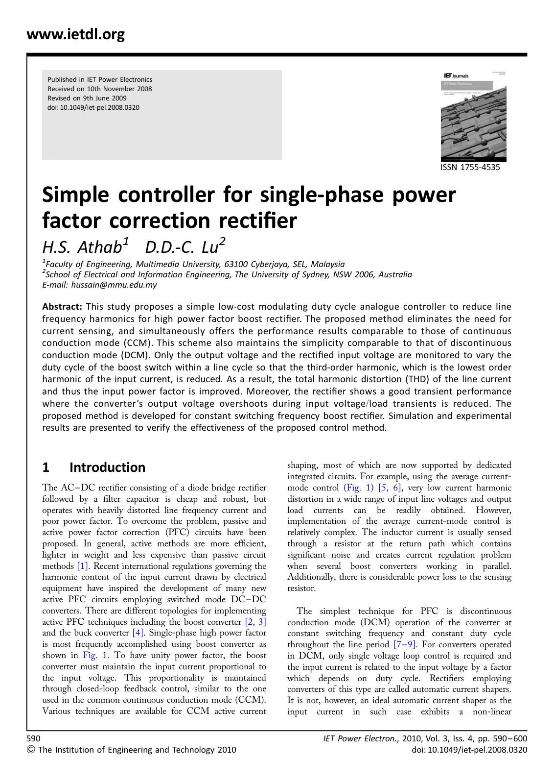 First page of Simple controller for single-phase power factor correction rectiﬁer