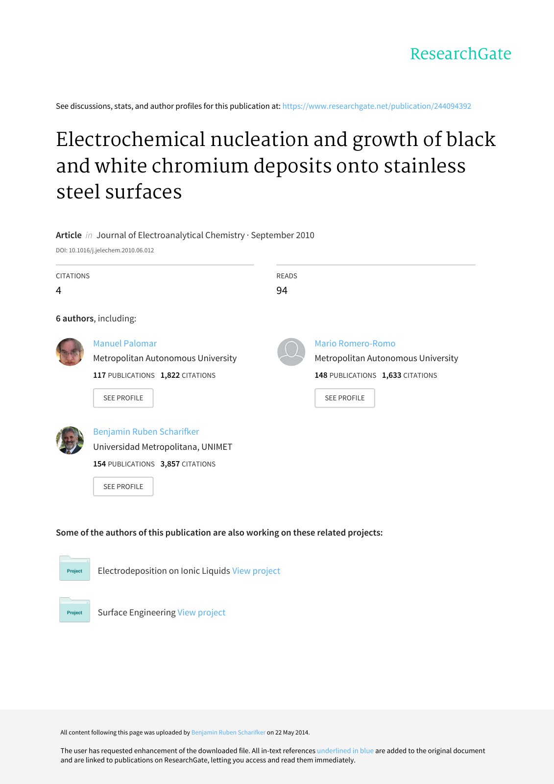 First page of Electrochemical nucleation and growth of black and white chromium deposits onto stainless steel surfaces